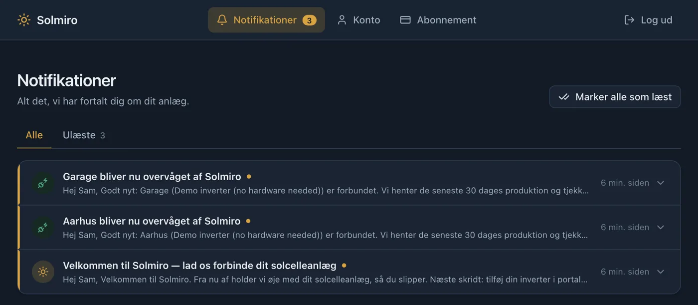 Solmiros beskedlog med de advarsler og beskeder, der er sendt om et anlæg, med datoer.