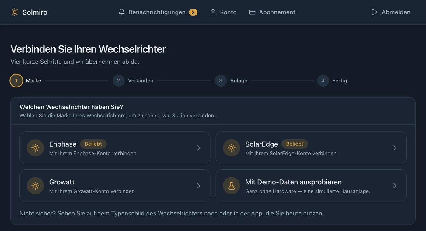 Der Solmiro-Verbindungsassistent mit der Auswahl der Wechselrichter-Marke: SolarEdge, Enphase, Growatt und ein Demo-Wechselrichter.
