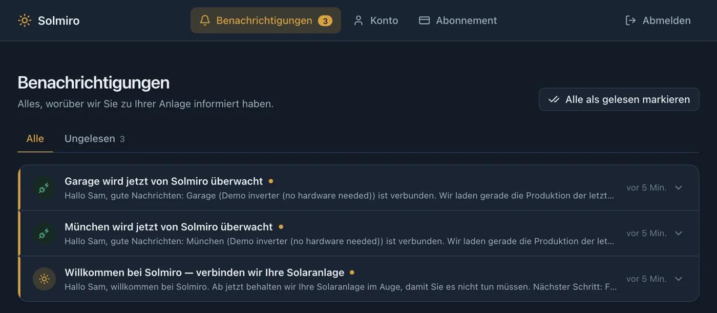 Das Solmiro-Meldungsprotokoll mit allen zu einer Anlage verschickten Meldungen und Nachrichten samt Datum.