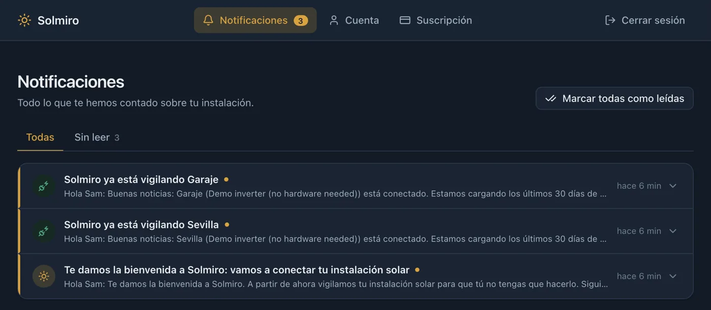 El registro de notificaciones de Solmiro, con la lista de avisos y mensajes enviados sobre una instalación y sus fechas.