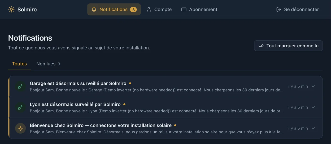 Le journal des notifications de Solmiro, listant les alertes et les messages envoyés au sujet d’une installation, avec leurs dates.