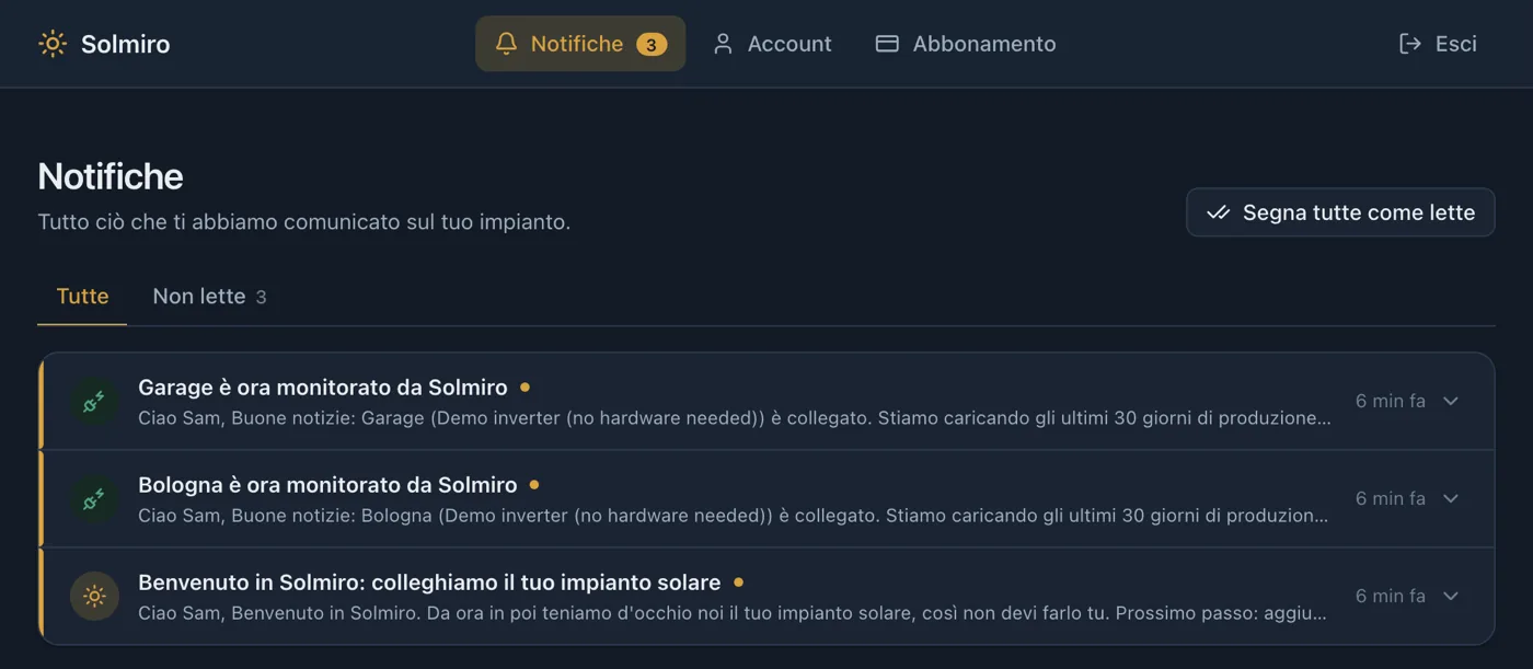 Il registro delle notifiche di Solmiro, con l’elenco degli avvisi e dei messaggi inviati su un impianto e le relative date.
