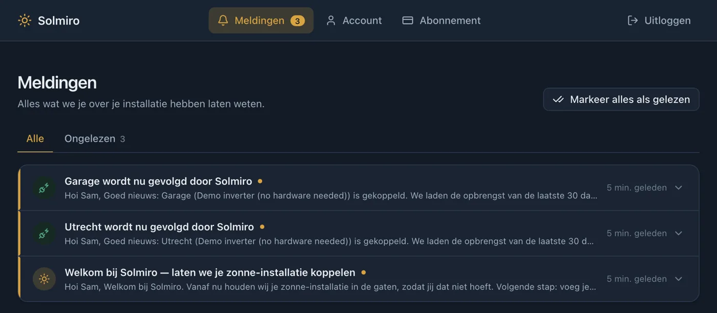 Het meldingenlogboek van Solmiro met de meldingen en berichten die over een installatie zijn verstuurd, met hun datum.