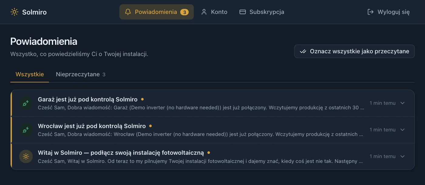 Dziennik powiadomień Solmiro z listą alertów i wiadomości wysłanych w sprawie instalacji, wraz z datami.